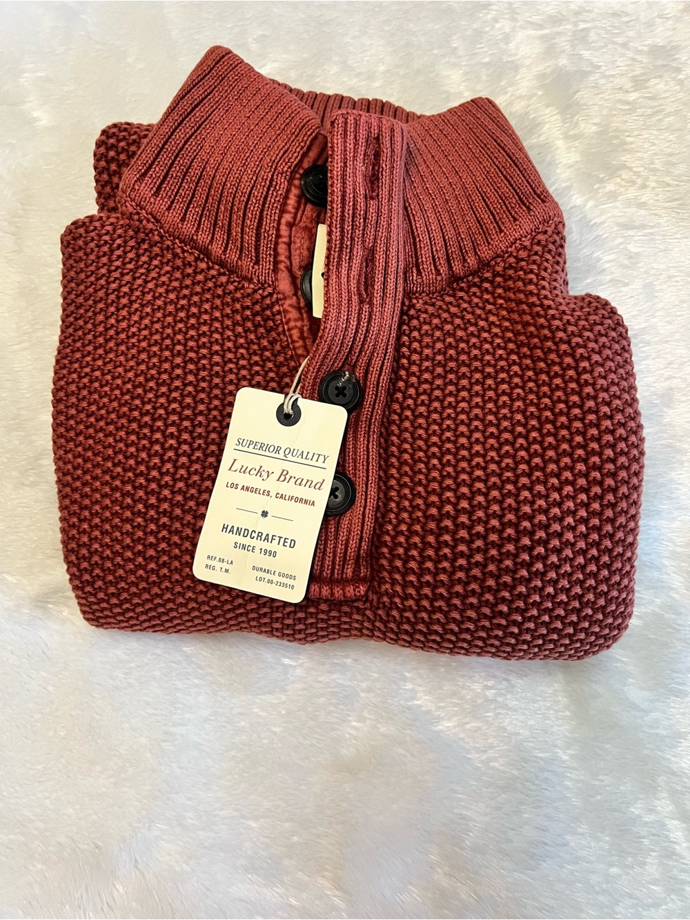Lucky Brand Brick Red Ribbed Funnel Neck Button Pullover Sweater - Picture 7 of 9